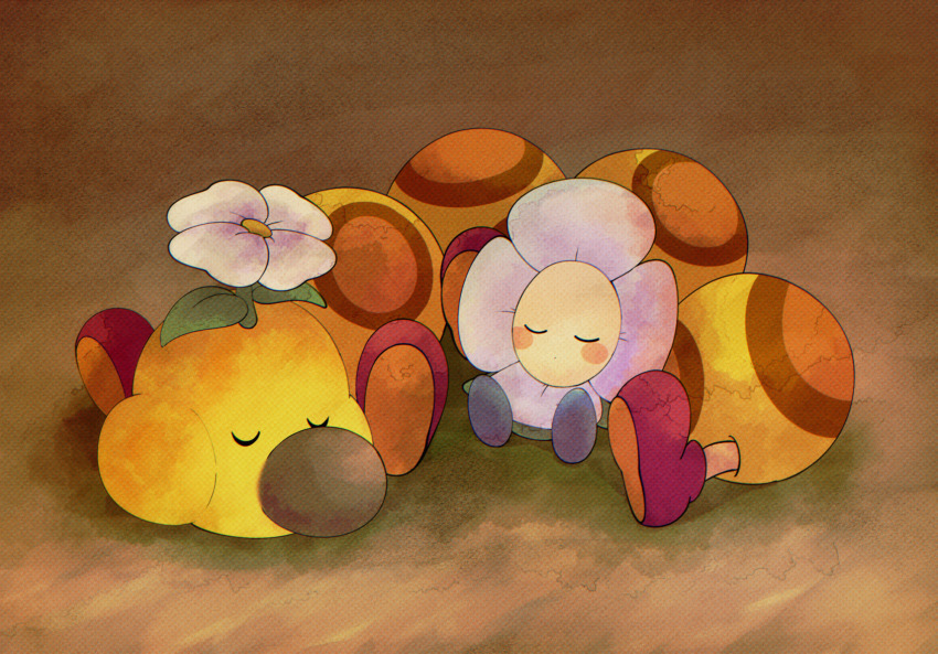 blush blush_stickers brown_background caterpillar closed_eyes commentary_request crazee_dayzee flower flower_on_head full_body highres leaf mario_(series) nintendo no_humans omochiutyu red_footwear shoes sitting sleeping super_mario_world_2:_yoshi&#039;s_island white_flower wiggler