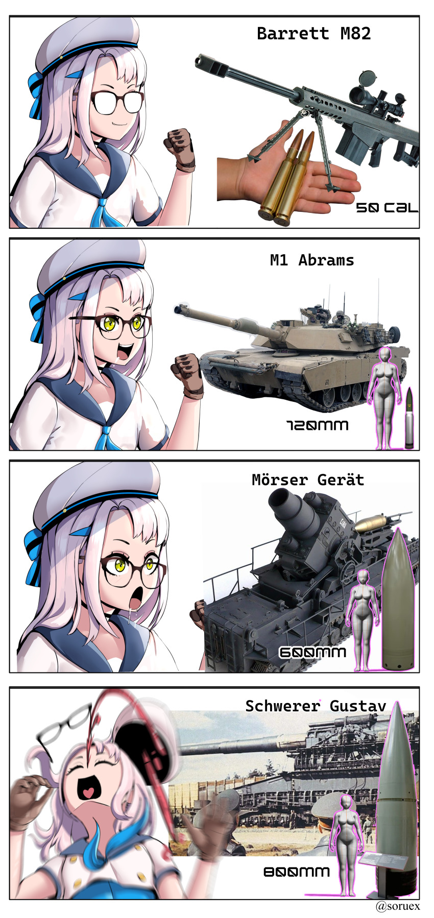 .50_bmg 120mm_im_he-t 1girl 4koma 600mm_concrete-piercing_shell 80_cm/31_in_schwerer_gustave absurdres ammunition anti-materiel_cartridge anti-materiel_rifle armored_vehicle artillery barrett_m82 beret black_choker blood blue_ribbon blue_sailor_collar brown_gloves bullet cannon choker closed_mouth comic commentary drooling dummy english_commentary explosive glasses gloves goddess_of_victory:_nikke green_eyes gun hat hat_ribbon high-explosive_cartridge highres hmg_cartridge insensitive_munition karl-gerat m1_abrams machine_gun magnum_cartridge match_grade_ammunition military military_cartridge military_vehicle mortar_(weapon) mortar_carrier motor_vehicle neon_(nikke) nosebleed open_mouth photo_inset railway_gun ribbon rifle rifle_cartridge sailor_collar saliva school_uniform schwerer_gustav self-propelled_artillery self-propelled_mortar semi-automatic_rifle serafuku shell_(projectile) short_sleeves siege_artillery siege_weapon size_comparison smile sniper_rifle solo soruex supersonic_ammunition tank tracer_ammunition twitter_username weapon white_hair white_headwear