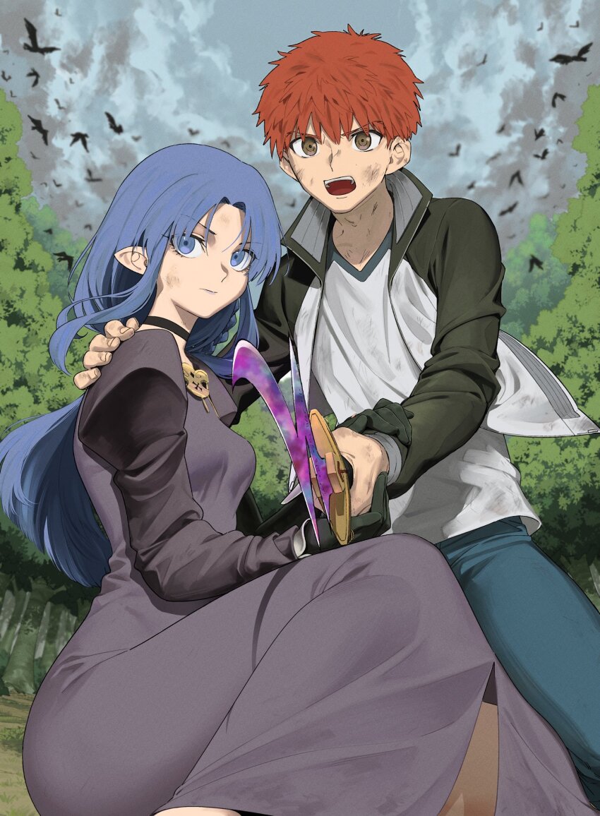 1girl alternate_universe blazer braid breasts contemporary elf emiya_shirou fate/stay_night fate_(series) from_side highres igote jacket ki3tyu lips long_hair medea_(fate) nameless_dagger_(fate) pointy pointy_ears raglan rule_breaker_(fate) shirt