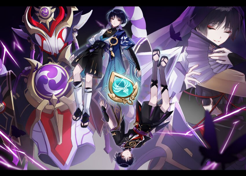 4boys absurdres anemo_symbol_(genshin_impact) aqua_gemstone armor arms_at_sides belt black_belt black_bodysuit black_bow black_bridal_gauntlets black_hair black_kimono black_sandals black_shorts blue_cape blue_kimono blue_sleeves blunt_ends bodysuit bow bridal_gauntlets brown_hat bug butterfly cape closed_eyes closed_mouth clothing_cutout ego_(ego_inp) eyeliner eyeshadow facing_away facing_down facing_up feathers fingernails folding_fan furisode gem genshin_impact glint gold hakama hakama_shorts hand_fan hat highres holding holding_fan ichimegasa insect japanese_armor japanese_clothes jewelry juban kariginu kimono kote kurokote kuronushi_(genshin_impact) layered_shorts layered_sleeves leg_warmers looking_to_the_side makeup mandarin_collar mecha middle_ring mitsudomoe_(shape) monochrome_background multiple_boys multiple_persona neck_ring open_clothes open_kimono parted_lips pleated_shorts pom_pom_(clothes) purple_electricity purple_rope purple_sash purple_shorts purple_veil red_eyeliner red_eyeshadow red_kimono red_sash red_sleeves robot rope sandals sash scaramouche_(genshin_impact) scaramouche_(kabukimono)_(genshin_impact) scaramouche_(shouki_no_kami)_(genshin_impact) shimenawa short_sleeves shorts shoulder_cutout shoulder_peek smile tassel toenails toes tomoe_(symbol) tsurime upside-down veil vision_(genshin_impact) wanderer_(genshin_impact) white_kimono white_mouth white_rope white_sleeves white_trim wispy_bangs yellow_feathers zouri