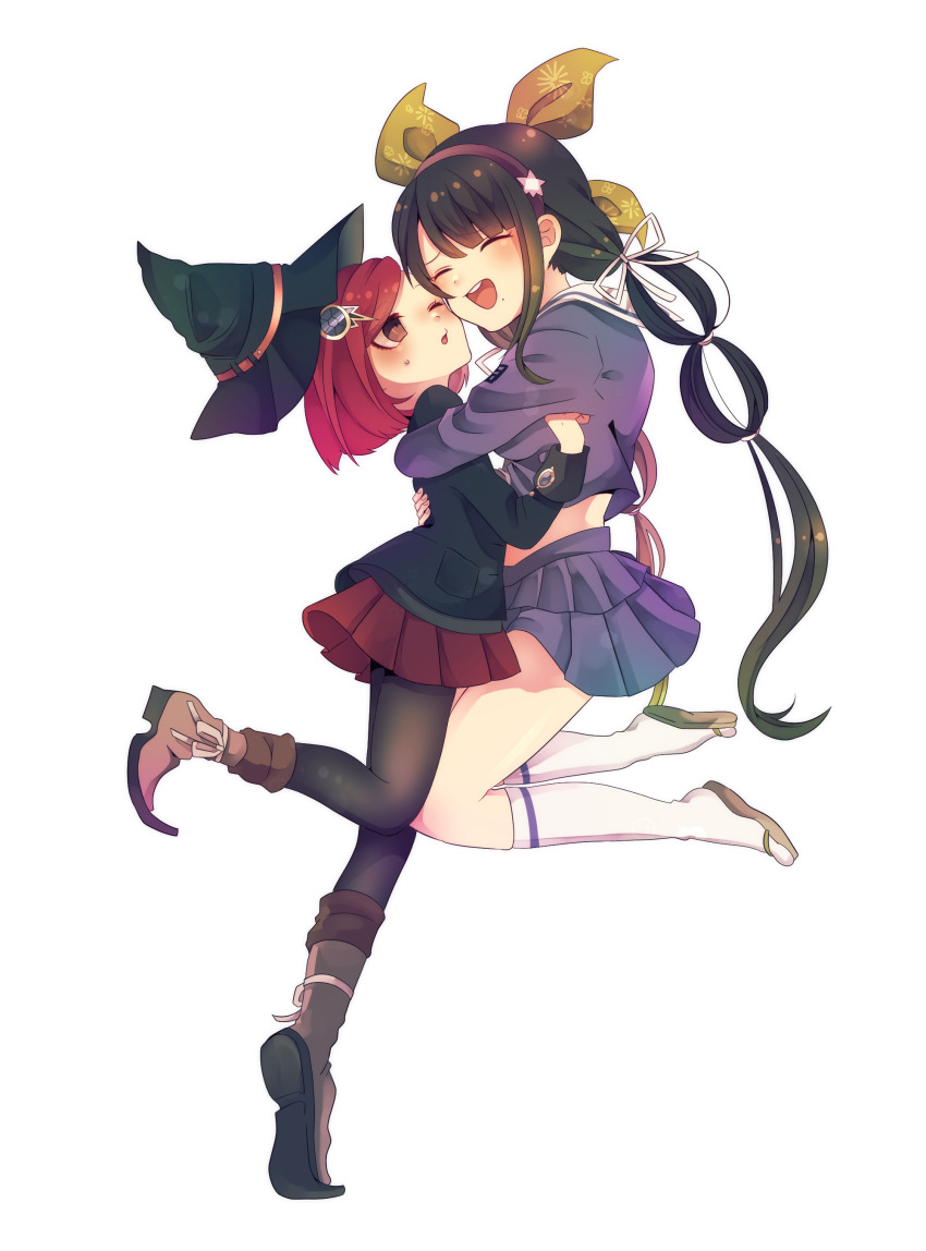 2girls :d absurdres black_hair black_hat black_jacket black_pantyhose blue_shirt blue_skirt blush bow brown_eyes brown_footwear chabashira_tenko closed_eyes commentary_request danganronpa_(series) danganronpa_v3:_killing_harmony eyelashes full_body green_bow hair_bow hair_ornament hair_ribbon hairband hat highres hug jacket kneehighs long_hair long_sleeves mole mole_under_mouth multiple_girls one_eye_closed open_mouth pantyhose pointy_footwear purple_hairband red_hair red_skirt ribbon sabata_saba sailor_collar shirt short_hair simple_background skirt smile socks standing standing_on_one_leg sweatdrop teeth twintails upper_teeth_only very_long_hair white_background white_ribbon white_sailor_collar white_socks witch_hat yumeno_himiko yuri
