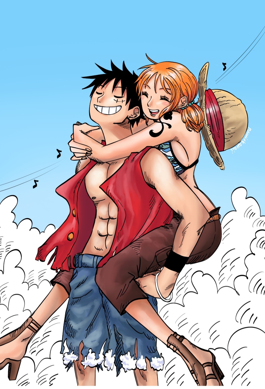 1boy 1girl bikini bikini_top_only black_hair carrying carrying_person closed_eyes cloud couple grin happy high_heels highres monkey_d._luffy nami_(one_piece) nami_(one_piece)_(skypiea) namixkawaii one_piece open_clothes open_shirt orange_hair pants piggyback short_hair shorts skypiea smile swimsuit twintails