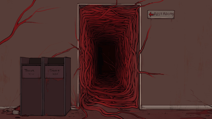 ambiguous_red_liquid animated animated_gif crack cracked_wall dark disembodied_hand doorway flesh ghostgods hallway highres horror_(theme) indoors looping_animation no_humans organs original sign trash trash_can veins when_you_see_it
