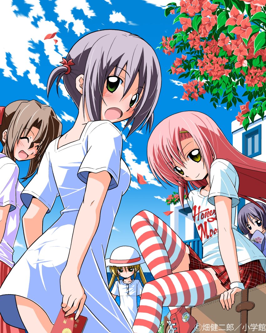 5girls absurdres ass blonde_hair blue_hair blush breasts brown_hair closed_eyes collarbone day dress flower hat hata_kenjirou hayate_no_gotoku! highres japanese_clothes katsura_hinagiku kimono long_hair looking_at_viewer looking_back maria_(hayate_no_gotoku!) miniskirt multiple_girls nishizawa_ayumu ocean official_art pantylines passport pink_hair purple_eyes purple_hair red_eyes saginomiya_isumi sanzen&#039;in_nagi shirt shoes short_hair skirt sky suitcase sun_hat t-shirt thighhighs thighs twintails white_dress yellow_eyes zettai_ryouiki