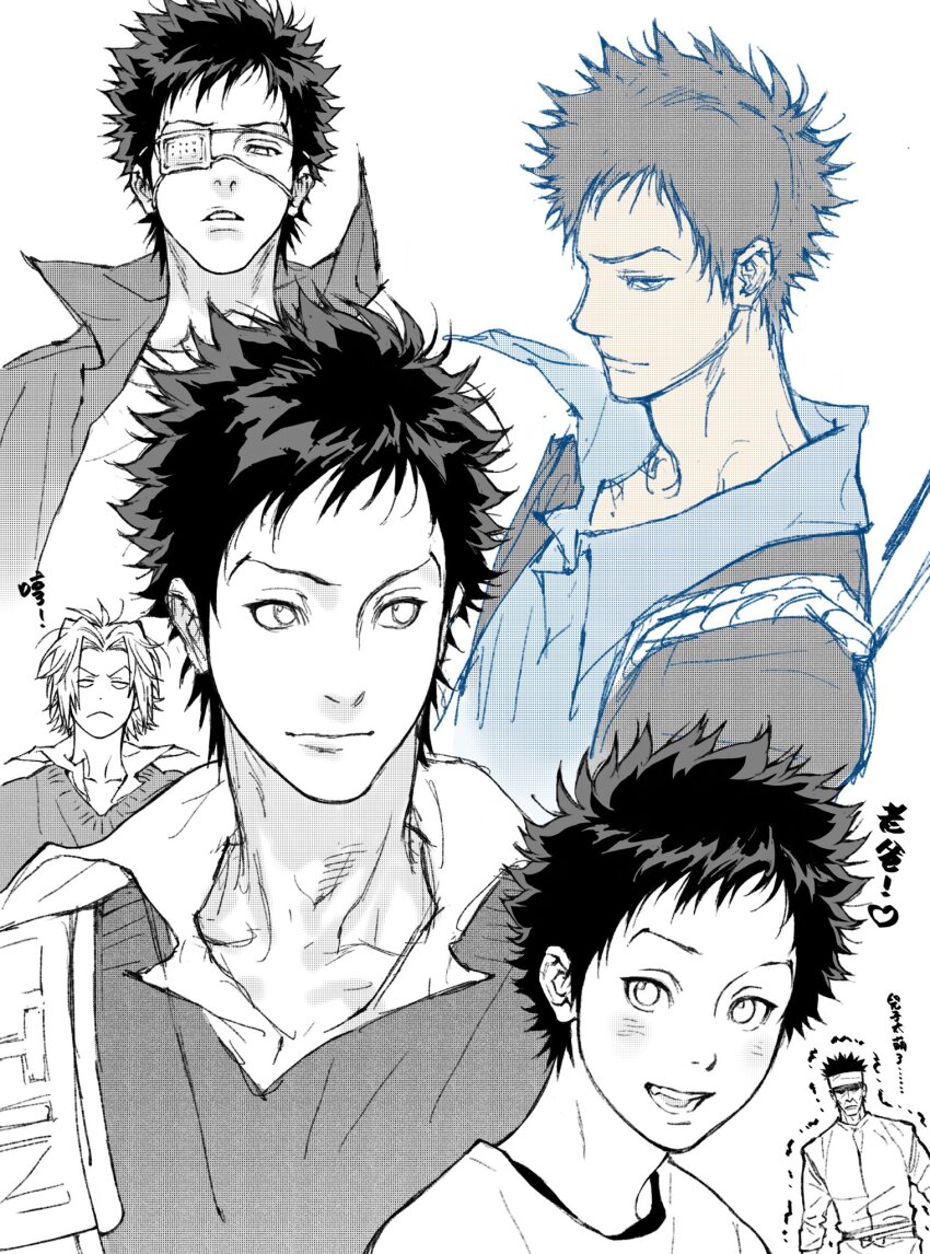 2boys closed_mouth collared_shirt commentary_request crew_neck eyepatch forked_eyebrows frown gokudera_hayato greyscale highres jacket katekyo_hitman_reborn! layered_clothes looking_at_viewer looking_to_the_side male_focus medical_eyepatch monochrome multiple_boys one_eye_covered open_collar open_mouth shirt simple_background smile solo_focus spot_color sweater_vest t-shirt teeth umkaqryi white_background yamamoto_takeshi