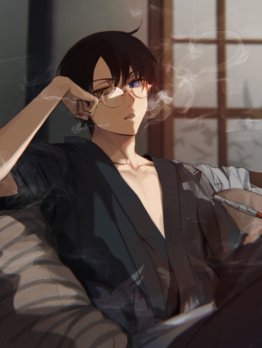 1boy animal animal_print arm_up bird bird_print blue_kimono brown_hair commentary couch glasses hair_between_eyes hand_on_own_face heterochromia highres indoors japanese_clothes kimono looking_at_viewer lying male_focus on_back on_couch open_mouth patterned_clothing rimless_eyewear round_eyewear sash shusuzu sitting smoke smoke_trail smoking smoking_pipe solo watanuki_kimihiro white_sash window xxxholic yukata