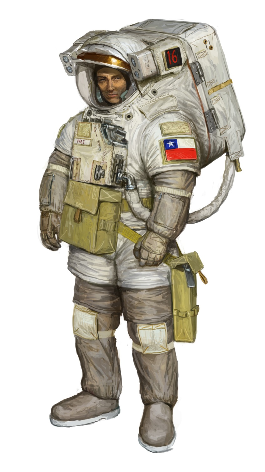 absurdres astronaut backpack bag boots chilean_flag full_body grey_footwear helmet highres looking_at_viewer original patch pouch space_helmet whaleoil white_background