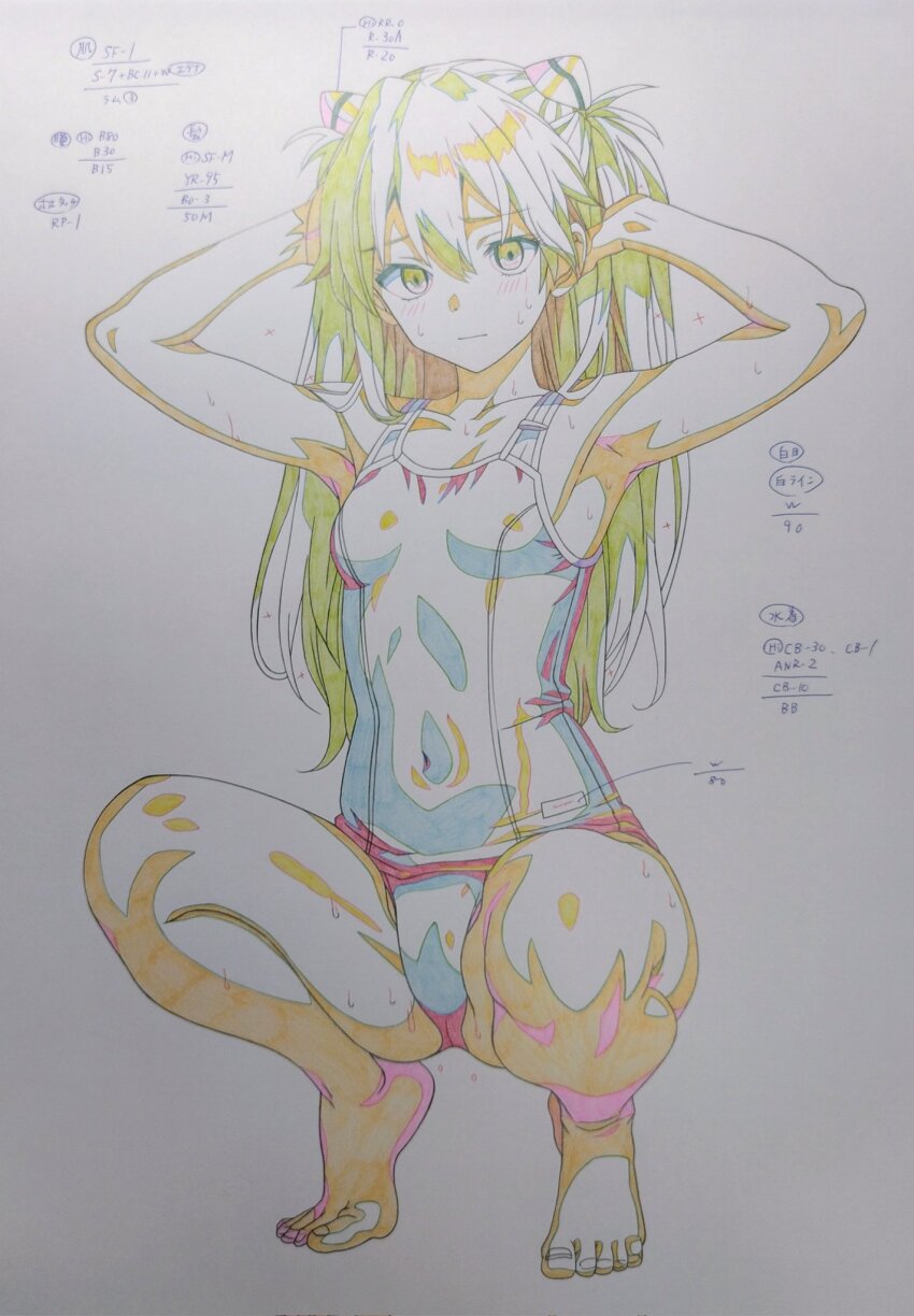 1girl arms_behind_back arms_up barefoot breasts cameltoe cel covered_navel full_body hand_in_own_hair highres interface_headset_(evangelion) long_hair looking_at_viewer medium_breasts monochrome navel neon_genesis_evangelion one-piece_swimsuit open_mouth photo_(medium) school_swimsuit shiny_skin simple_background solo souryuu_asuka_langley squatting standing swimsuit thighs traditional_media twintails umino_kaori very_long_hair
