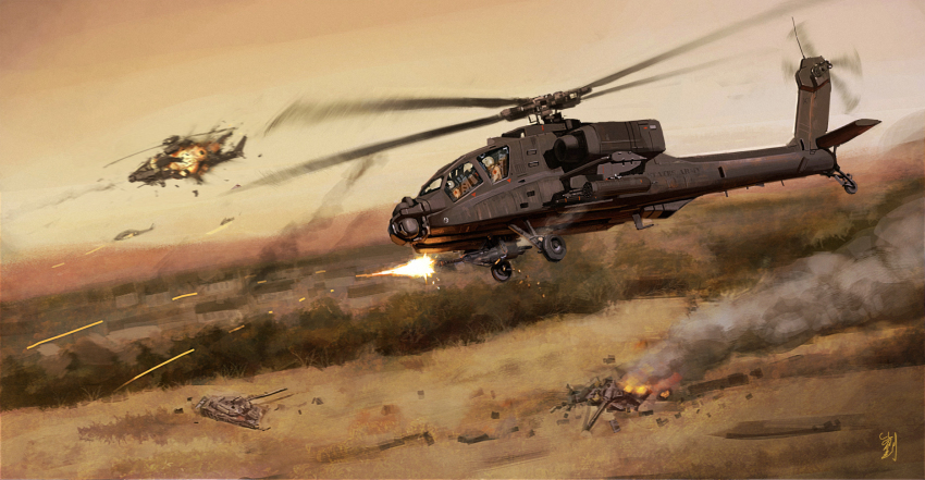 2others ah-64_apache aircraft attack_helicopter autocannon battlefield broken burning cannon chain_gun commentary_request dated_commentary firing flying gun helicopter helmet highres looking_to_the_side m230_chain_gun machine_gun military military_vehicle missile motor_vehicle multiple_others orange_sky outdoors pilot pilot_helmet pilot_suit pvtskwerl real_life realistic rocket_launcher rocket_pod signature sky smoke tank united_states_army vehicle_focus weapon wheel