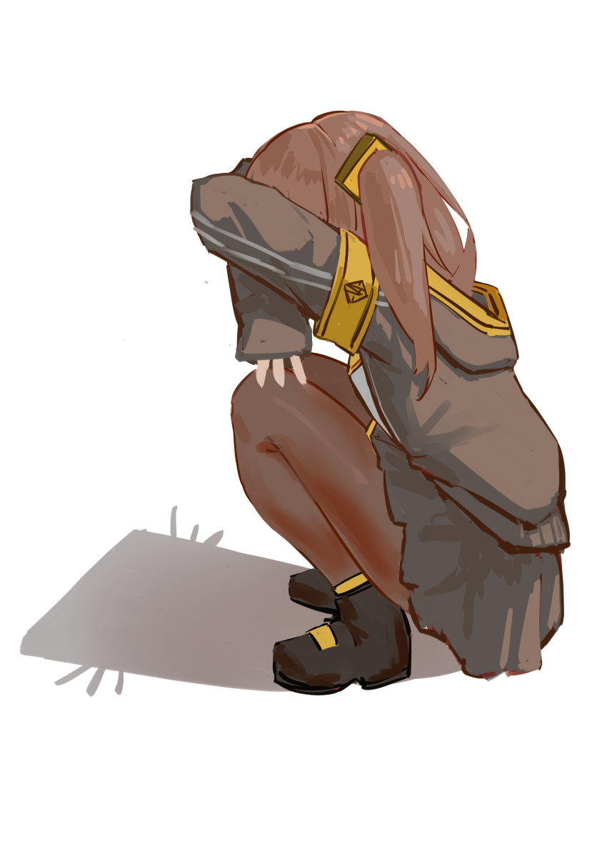 1girl absurdres arms_up black_jacket black_pantyhose black_shoes brown_hair cat_shadow_puppet_(meme) crossed_arms girls&#039;_frontline hair_ornament highres jacket long_hair long_sleeves meme pantyhose papaba shoes simple_background solo squatting twintails ump45_(girls&#039;_frontline) white_background