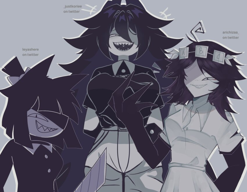 3girls ahoge alphabet arms_behind_back artist_name black_eyes black_hair black_horns black_shirt blunt_bangs bow breasts buttons choppy_bangs claws collared_shirt dress fangs feathers fundamental_paper_education highres horns knife large_breasts long_hair long_sleeves looking_at_viewer messy_hair miss_bloomie_(fundamental_paper_education) miss_circle_(fundamental_paper_education) miss_thavel_(fundamental_paper_education) multiple_girls no_nose open_mouth pants shaded_face shirt short_hair simple_background spiked_hair tagme teeth twitter_username very_long_hair weapon white_background white_bow white_dress white_pants