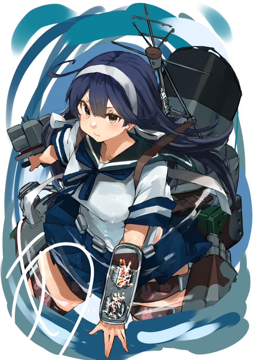 1girl adapted_turret ahoge anti-aircraft anti-aircraft_gun artillery autocannon black_hair blue_background blue_sailor_collar blue_skirt blush breasts brown_eyes cannon gradient_background hairband highres holding holding_turret kantai_collection large_breasts long_hair looking_at_viewer machinery mast radar rigging sailor_collar school_uniform serafuku ship_turret skirt smokestack solo sunday_aki torpedo_tubes turret type_96_aa_gun ushio_(kancolle) ushio_kai_ni_(kancolle) white_background white_hairband