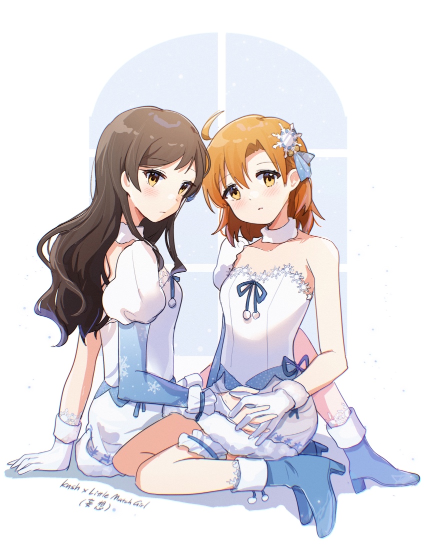 2girls absurdres ahoge blue_boots blush boots breasts brown_eyes brown_hair choker closed_mouth detached_sleeves dress frilled_thigh_strap full_body fur_choker gloves hair_ornament hand_on_ground high_heel_boots high_heels highres holding_hands idolmaster idolmaster_million_live! kitazawa_shiho long_hair looking_at_viewer multiple_girls nnnn orange_hair parted_lips print_sleeves short_hair simple_background single_detached_sleeve single_glove sitting snowflake_hair_ornament snowflake_liliput_(idolmaster) snowflake_print strapless strapless_dress thigh_strap white_background white_choker white_dress white_gloves yabuki_kana yuri