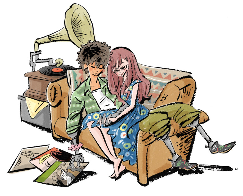1boy 1girl bad_id bad_pixiv_id black_hair closed_eyes couch daryl_lorenz glasses gundam gundam_thunderbolt karla_mitchum kawamura_nawoko long_hair phonograph prosthesis prosthetic_arm prosthetic_leg record
