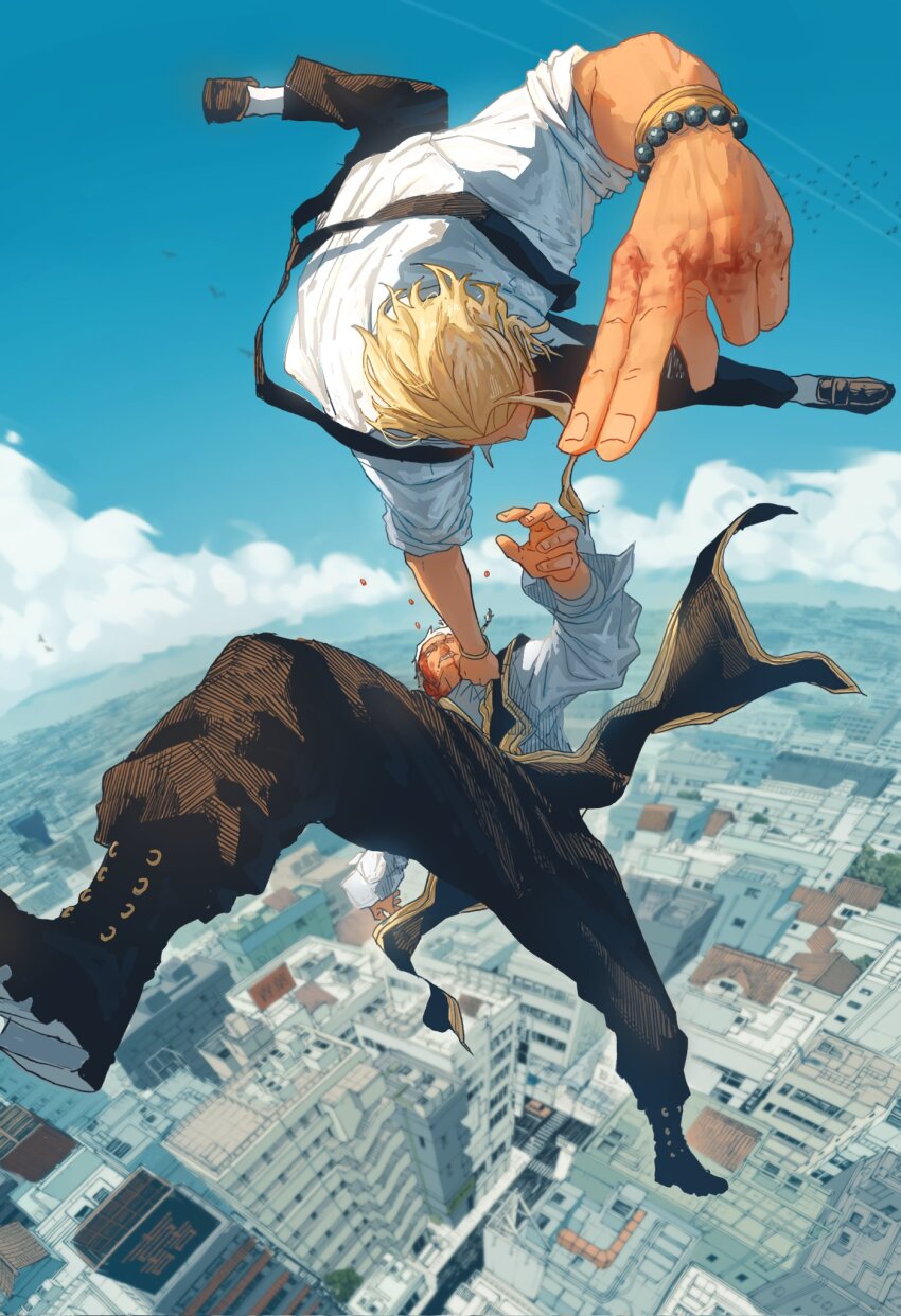 2boys black_footwear black_pants blonde_hair blood blood_on_face blood_on_hands blurry blurry_background boots building car character_request cloud day eliasdessin falling from_above highres kagurabachi long_sleeves male_focus motor_vehicle multiple_boys outdoors pants rooftop sazanami_souya shiba_tougo shirt short_hair sky white_hair white_shirt