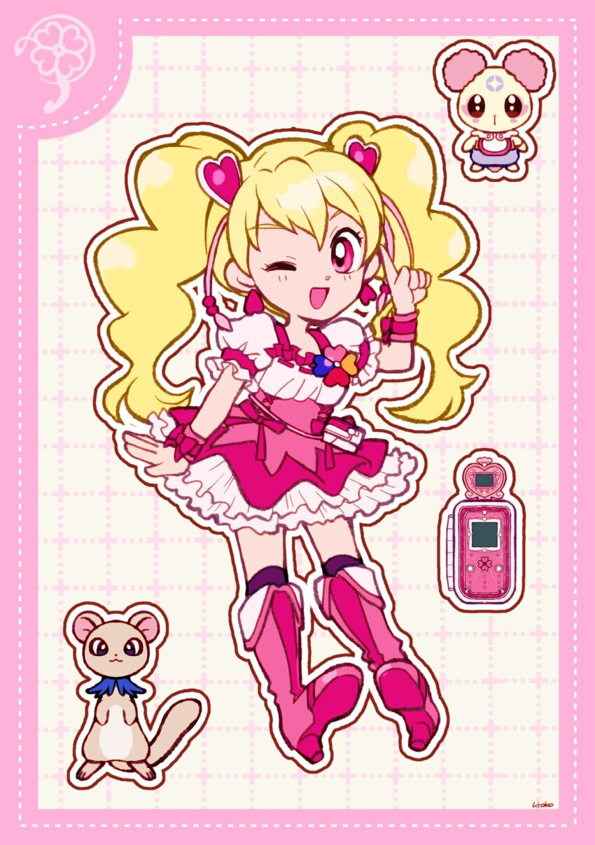 1girl blonde_hair boots border bow bow_skirt cellphone chiffon_(fresh_precure!) choker clover clover_brooch cross-laced_clothes cross-laced_skirt cure_peach deformed dot_nose dotted_line earrings eyelashes four-leaf_clover fresh_precure! frilled_shirt frilled_skirt frilled_sleeves frills full_body grey_background grid_background hair_ornament heart heart_earrings heart_hair_ornament high-waist_skirt high_heel_boots high_heels highres jewelry knee_boots kneehighs leaning_forward long_hair looking_at_viewer magical_girl miniskirt momozono_love one_eye_closed open_mouth outline phone pink_boots pink_border pink_bow pink_choker pink_eyes pink_skirt pointing pointing_up precure puffy_short_sleeves puffy_sleeves purple_socks ribbon-trimmed_shirt ribbon_trim shirt short_sleeves signature skirt smile socks square_neckline standing tareme tart_(fresh_precure!) twintails uwded_207 waist_bag white_bag white_outline white_shirt wrist_bow wristband