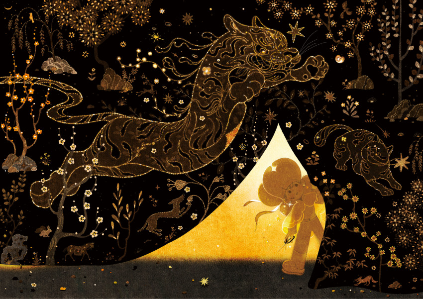 1girl abstract cat cherry_blossoms child chinese_hat duoduo_(artist) embroidery gold highres holding holding_scissors imminent_pounce original scissors sepia tagme tent tiger
