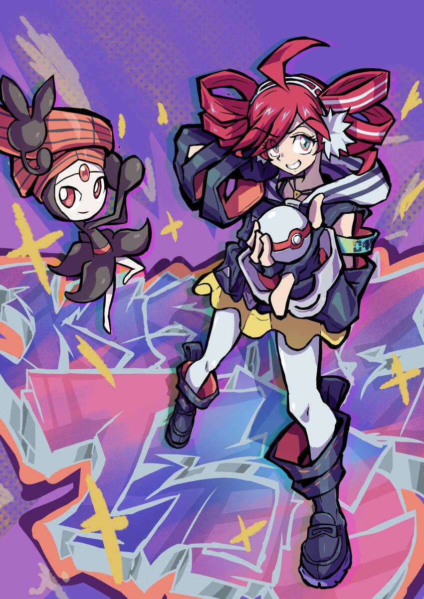 1girl absurdres ahoge black_boots black_gloves black_jacket boots drill_hair eyes_visible_through_hair fingerless_gloves forehead_jewel full_body gen_5_pokemon gloves grey_eyes grin hair_over_one_eye hashtag-only_commentary highres holding holding_poke_ball jacket kasane_teto kneehighs legendary_pokemon long_sleeves luxury_ball meloetta meloetta_(pirouette) mythical_pokemon nintendo pantyhose poke_ball pokemon project_voltage red_eyes red_hair rival_teto_(project_voltage) shaft_(shaf_it) skirt smile socks standing twin_drills utau vocaloid white_pantyhose yellow_skirt