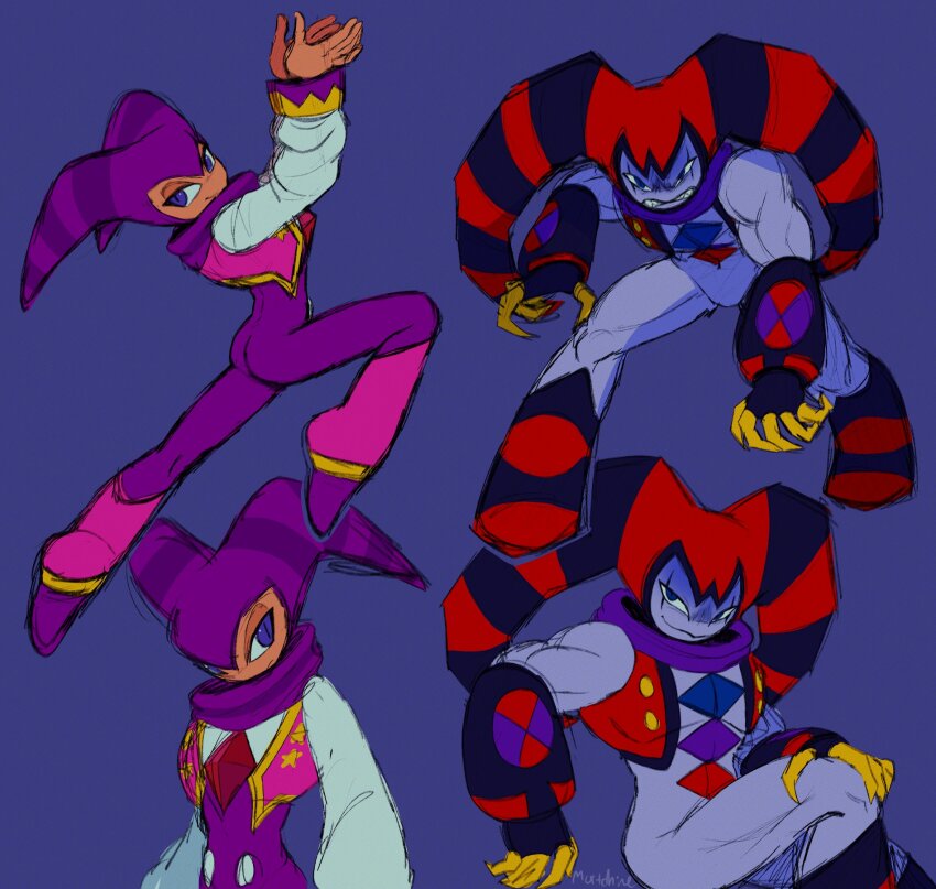2others arms_up chest_jewel clenched_teeth colored_skin crossed_legs gold_claws hat highres jester jester_cap long_sleeves mortchine multiple_others muscular_other nights_(character) nights_into_dreams other_focus purple_eyes purple_skin reala_(nights) sharp_teeth sitting skin_tight teeth vest