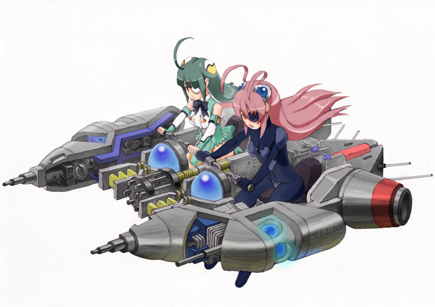 2girls ahoge antenna_hair arm_warmers black_bodysuit black_bow blunt_bangs bodysuit bow breasts character_request covered_navel eyepatch gradius green_hair green_skirt hair_ornament long_hair mecha medium_breasts multiple_girls open_mouth otomedius pelvic_curtain pink_hair red_eyes revealing_clothes robot see-through_clothes see-through_skirt simple_background skirt tita_nium white_background yanzikatu