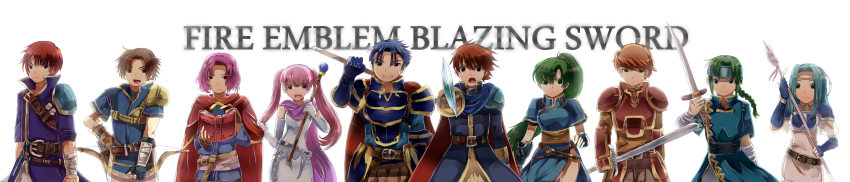 3girls 6+boys absurdres armor blue_hair book bow_(weapon) copyright_name eliwood_(fire_emblem) erk_(fire_emblem) fingerless_gloves fiora_(fire_emblem) fire_emblem fire_emblem:_the_blazing_blade gloves green_eyes green_hair guy_(fire_emblem) hector_(fire_emblem) high_ponytail highres kent_(fire_emblem) long_hair long_image lyn_(fire_emblem) multiple_boys multiple_girls nintendo polearm ponytail raven_(fire_emblem) serra_(fire_emblem) short_hair simple_background sword very_long_hair weapon white_background wide_image wil_(fire_emblem)