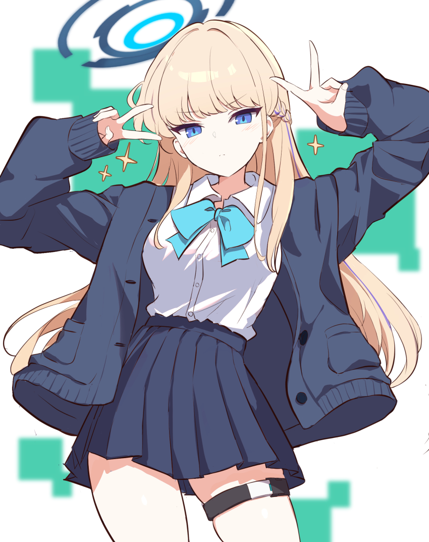 1girl aqua_bow aqua_bowtie blonde_hair blue_archive blue_cardigan blue_eyes blue_halo blue_skirt bow bowtie braid breasts cardigan closed_mouth collared_shirt commentary double_v half_up_braid halo highres lapis_(gulala375) large_breasts long_hair long_sleeves looking_at_viewer miniskirt open_cardigan open_clothes pleated_skirt school_uniform shirt shirt_tucked_in skindentation skirt sleeves_past_wrists solo sparkle swept_bangs thigh_strap toki_(blue_archive) toki_(school_uniform)_(blue_archive) tsurime v white_shirt