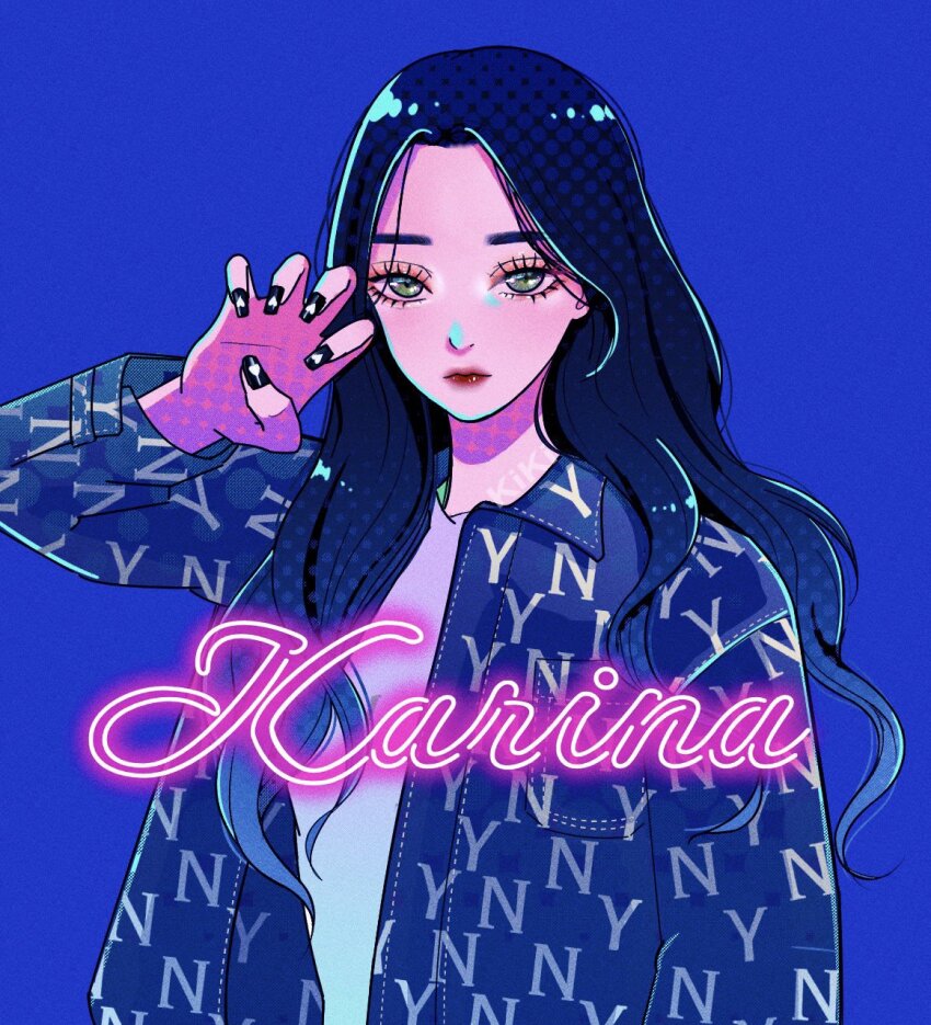 1girl aespa blue_background commentary_request cowboy_shot expressionless eyeshadow green_eyes highres jacket k-pop karina_(aespa) long_hair makeup mascara real_life sail_ofhope simple_background solo upper_body