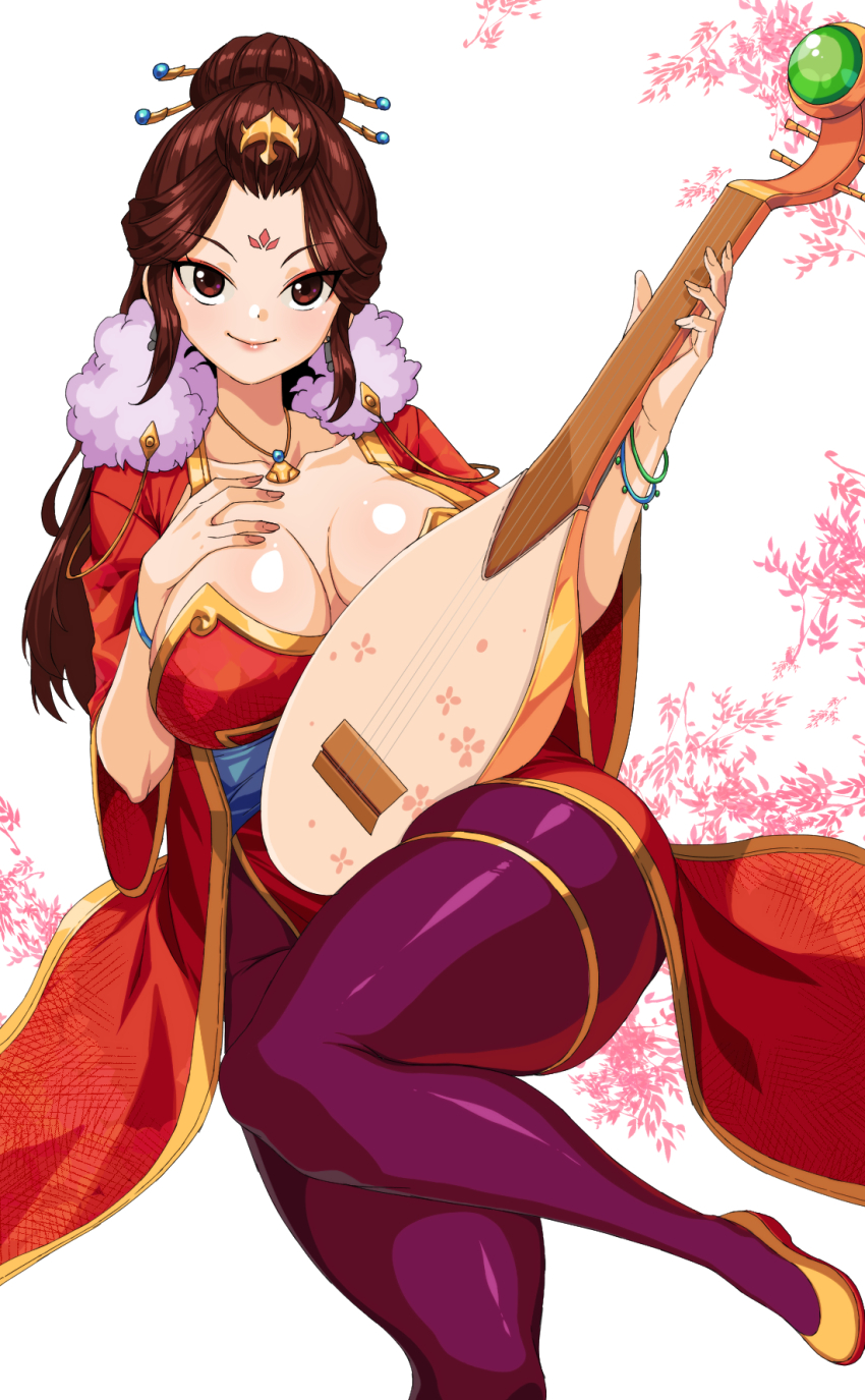 1girl bracelet brown_hair closed_mouth commission commissioner_upload eyeshadow facial_mark forehead_mark fu_yaoqin_(hero&#039;s_adventure_road_of_passion) hair_bun hands_on_own_breasts hero&#039;s_adventure_road_of_passion highres instrument jewelry long_hair lute_(instrument) makeup mature_female necklace needle non-web_source pantyhose pixiv_commission purple_pantyhose rantia shoes smile solo thick_thighs thighlet thighs yellow_shoes