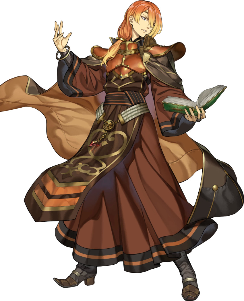 1boy armor book bracelet breastplate brown_eyes cape circlet fire_emblem fire_emblem_echoes:_shadows_of_valentia fire_emblem_heroes full_body gradient_hair highres holding holding_book jewelry long_hair low-tied_long_hair luthier_(fire_emblem) maco_(wondermind) male_focus multicolored_hair nintendo non-web_source official_art open_book orange_hair parted_lips pointy_footwear solo transparent_background