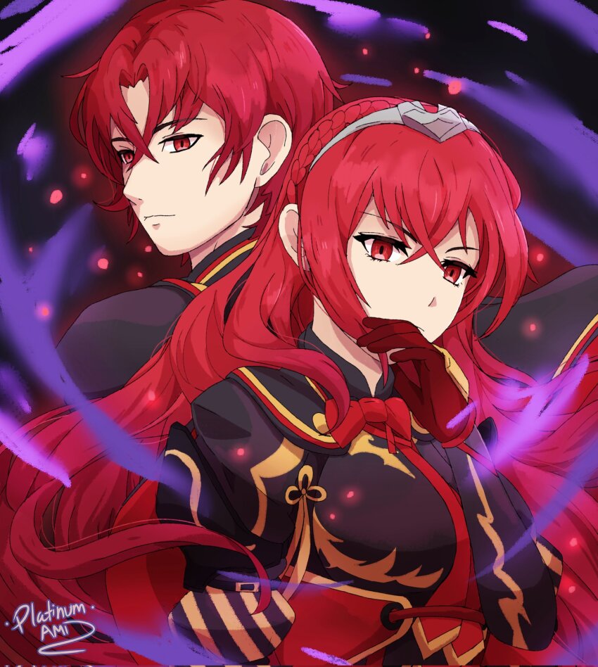1boy 1girl aura black_cape cape crossed_bangs dark_aura dark_persona female_alear_(fell_dragon)_(fire_emblem) female_alear_(fire_emblem) female_alear_(red_days_past)_(fire_emblem) fire_emblem fire_emblem_engage fire_emblem_heroes highres male_alear_(fell_dragon)_(fire_emblem) male_alear_(fell_dragon_child)_(fire_emblem) male_alear_(fire_emblem) nintendo official_alternate_color official_alternate_hair_color platinum_ami red_aura red_hair