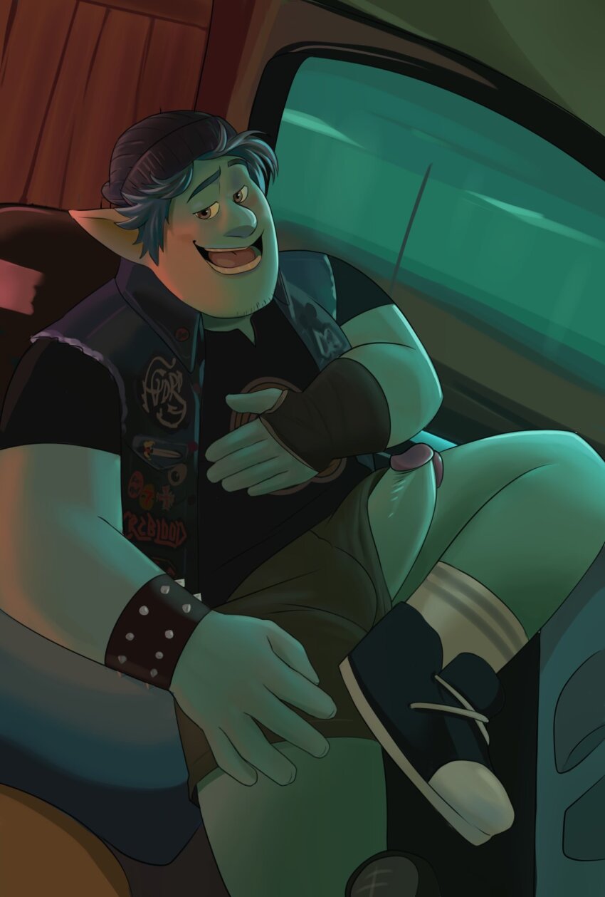 1boy bara barley_lightfoot beanie blue_hair blue_skin blush car_interior clothing_aside colored_skin erection facial_hair fat fat_man foot_out_of_frame goatee_stubble half-closed_eyes hat highres honeyhoneyjoe looking_at_viewer male_focus onward penis penis_slip pointy_ears seductive_smile short_hair shorts shorts_aside smile solo spread_legs stubble thick_eyebrows uncensored