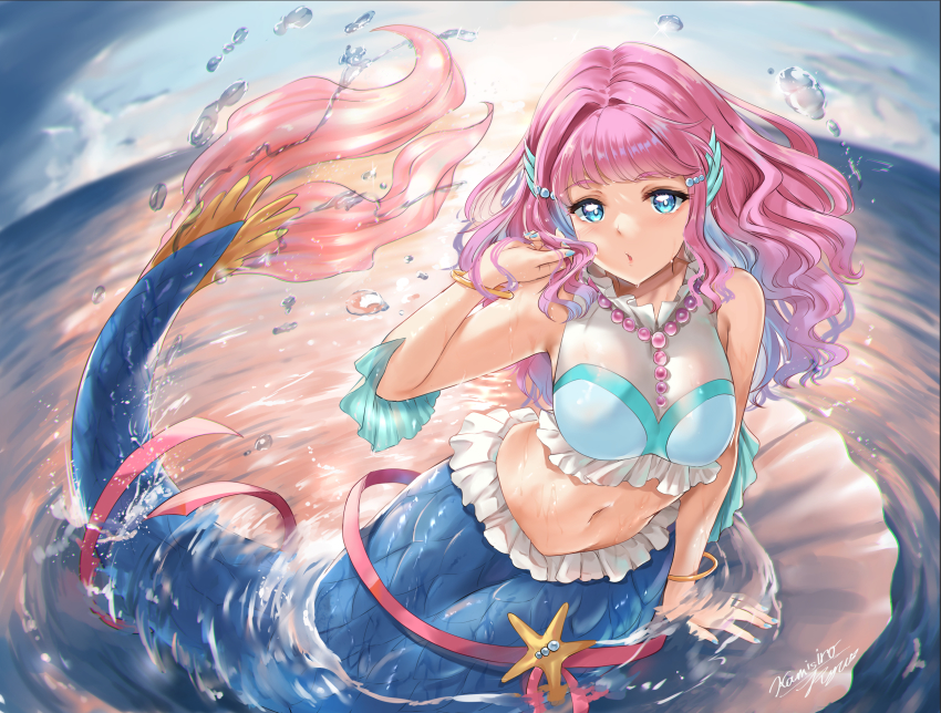 1girl arm_support blue_eyes blue_sky bracelet breasts cloud commentary_request day fins head_fins highres jewelry kamishiro_ryuu laura_(precure) long_hair looking_at_viewer medium_breasts mermaid midriff monster_girl nail_polish navel ocean partially_submerged pink_hair precure sky sleeveless solo tropical-rouge!_precure water wet