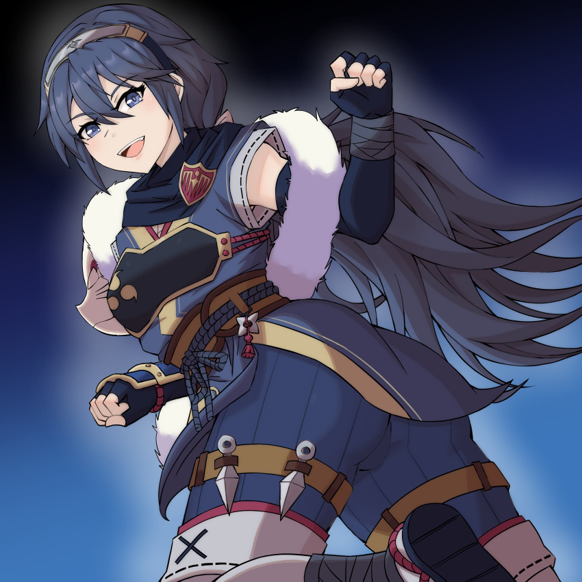 1girl :d absurdres blue_gloves brand_of_the_exalt commentary elbow_gloves english_commentary fingerless_gloves fire_emblem fire_emblem_awakening fire_emblem_heroes forehead_protector gloves hair_between_eyes highres japanese_clothes kunai long_hair looking_at_viewer looking_back lucina_(fire_emblem) lucina_(ninja)_(fire_emblem) lucky_zero mask_on_shoulder muneate ninja nintendo official_alternate_costume open_mouth ponytail smile solo symbol_in_eye teeth upper_teeth_only very_long_hair weapon