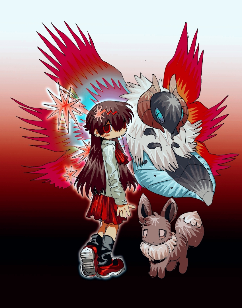 1girl absurdres black_socks brown_hair closed_mouth commentary crossover eevee expressionless full_body gen_1_pokemon gen_5_pokemon gradient_background hair_between_eyes highres ib_(ib) ib_(kouri) long_hair long_sleeves nintendo pleated_skirt pokemon pokemon_(creature) red_eyes red_shoes red_skirt shirt shoes skirt socks symbol-only_commentary volcarona white_shirt xiboliya_suanxing_shengwu