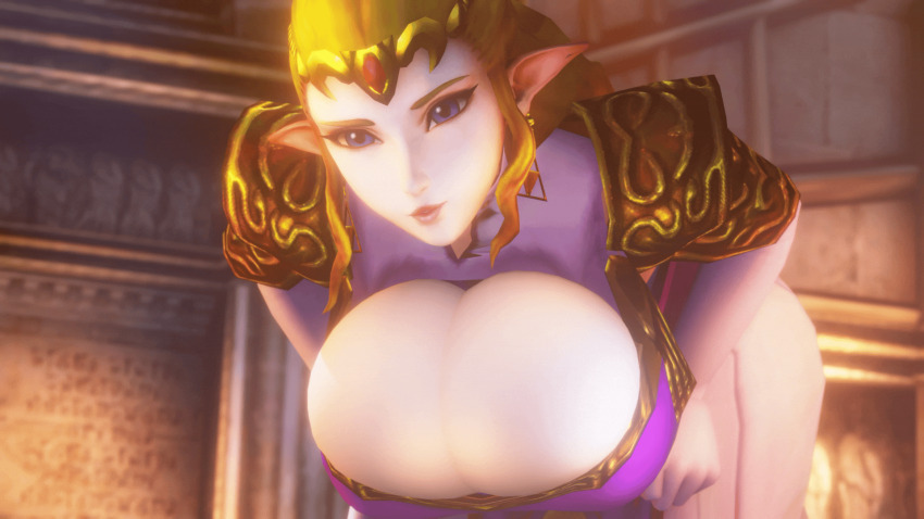 1girl 3d animated animated_gif armor bent_over blonde_hair blue_eyes breasts cleavage earrings elbow_gloves female_focus gloves highres huge_breasts jewelry lips long_hair looking_at_viewer n-nurico nintendo pauldrons pointy_ears princess_zelda shoulder_armor solo the_legend_of_zelda the_legend_of_zelda:_ocarina_of_time