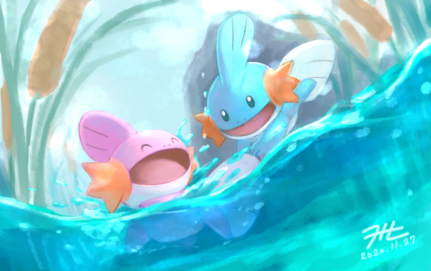 alternate_color cattail closed_eyes commentary_request dated dutch_angle gen_3_pokemon mudkip nintendo null_suke odaibako open_mouth plant pokemon pokemon_(creature) shiny_pokemon signature swimming water