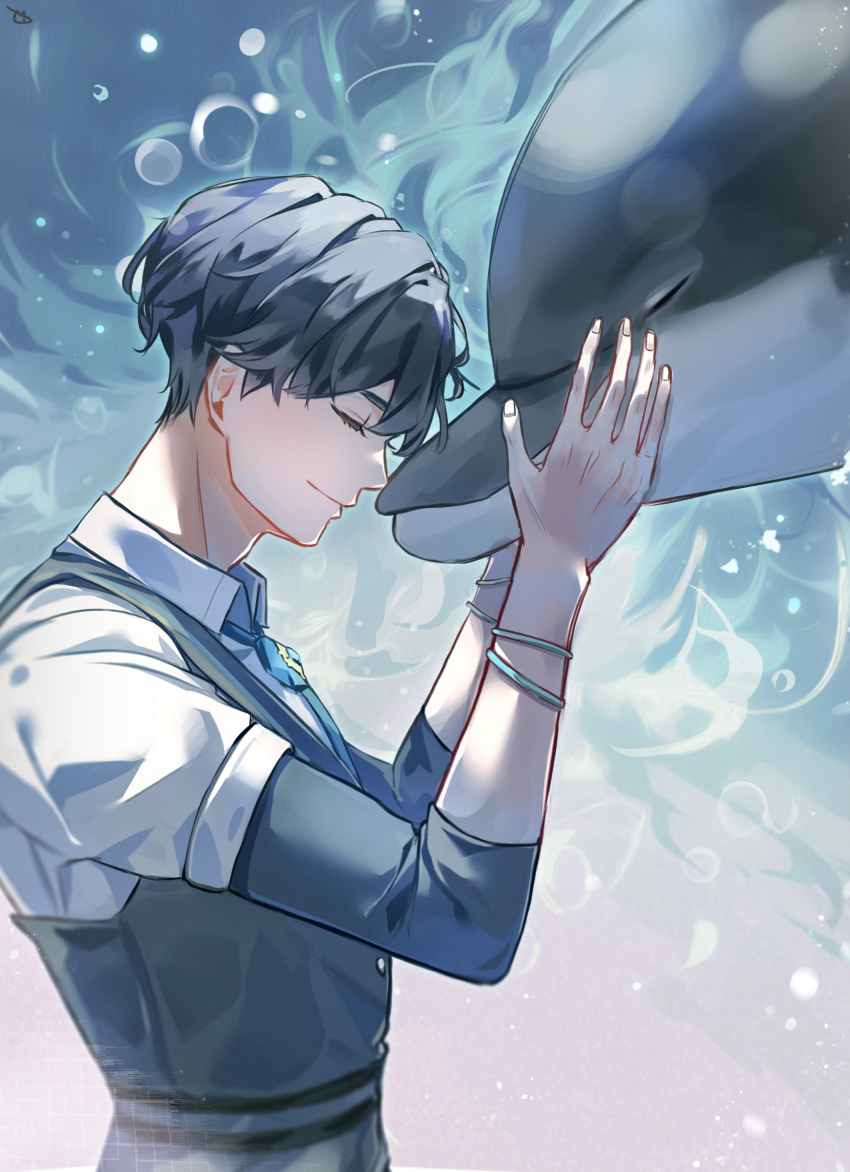1boy animal baksa_030 black_hair blurry bokeh bracelet closed_eyes closed_mouth commentary depth_of_field dolphin english_commentary from_side hair_between_eyes highres holding holding_animal jewelry k-pop light_particles long_sleeves multiple_bracelets plave short_sleeves smile solo upper_body yejun_(plave)