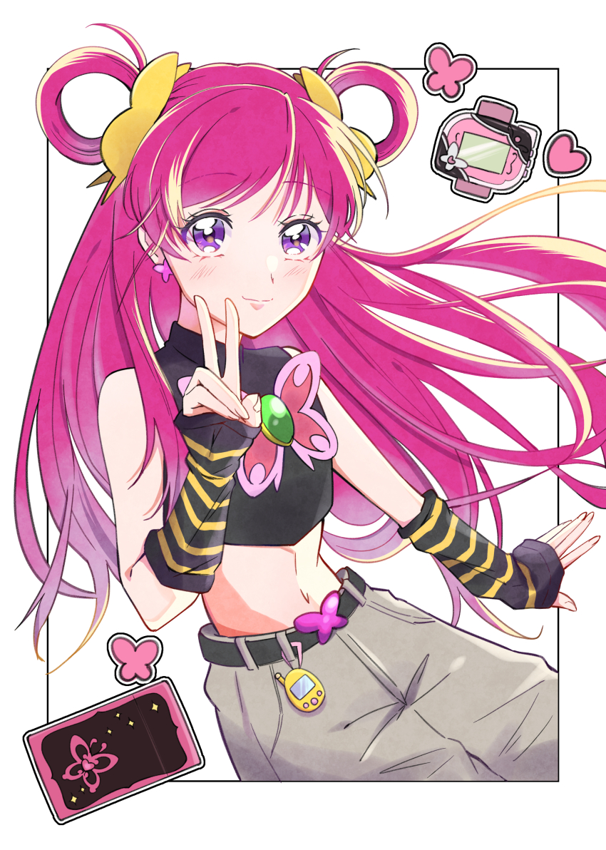 1girl absurdres belt black_belt black_shirt blush brooch butterfly_brooch butterfly_earrings closed_mouth crop_top cure_dream earrings elbow_gloves gloves grey_pants hair_ribbon hair_rings half_gloves highres jewelry kagagagaga83 long_hair magical_girl midriff navel pants pink_eyes pink_hair precure ribbon shirt solo two-tone_gloves v yellow_ribbon yes!_precure_5 yumehara_nozomi