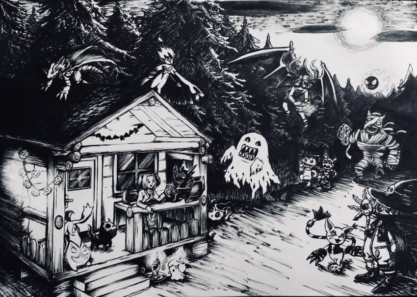 bakemon decidueye digimon digimon_(creature) gastly gen_1_pokemon gen_3_pokemon gen_5_pokemon gen_6_pokemon gen_7_pokemon gottsumon gourgeist hackmon_(digimon) hat highres house litwick mask monochrome mummy nintendo pokemon pumpkaboo pumpmon sableye skull tailmon wings wizarmon yu-gi-oh!