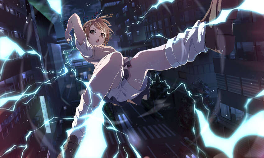 1girl absurdres academy_city brown_eyes brown_hair brown_shoes brown_sweater_vest building commentary dynamic_pose electricity electrokinesis grey_skirt hair_ornament hairclip highres loafers looking_at_viewer loose_socks medium_hair midair misaka_mikoto night open_mouth outdoors pension_z pleated_skirt psychic road school_uniform shirt shoes short_sleeves shorts shorts_under_skirt skirt socks solo street summer_uniform sweater_vest toaru_kagaku_no_railgun toaru_majutsu_no_index tokiwadai_school_uniform white_shirt white_socks