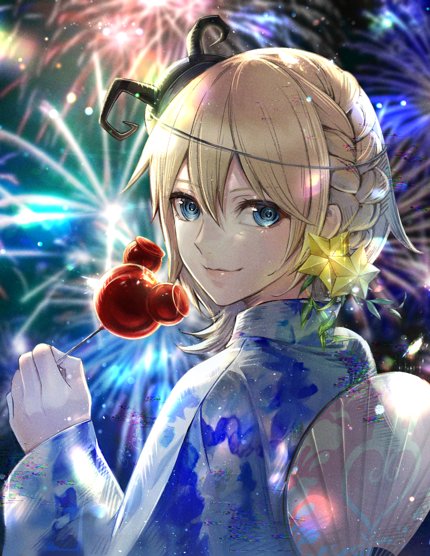 1girl alternate_costume alternate_hairstyle blonde_hair blue_eyes blue_kimono candy_apple character_mask closed_mouth commentary_request earrings fireworks food hair_between_eyes hand_fan heartless_(kingdom_hearts) highres holding holding_food japanese_clothes jewelry kimono kingdom_hearts kingdom_hearts:_chain_of_memories kingdom_hearts_ii long_hair looking_at_viewer mask mask_on_head namine night outdoors paper_fan pepo_(oopepoo) smile solo star_(symbol) yukata