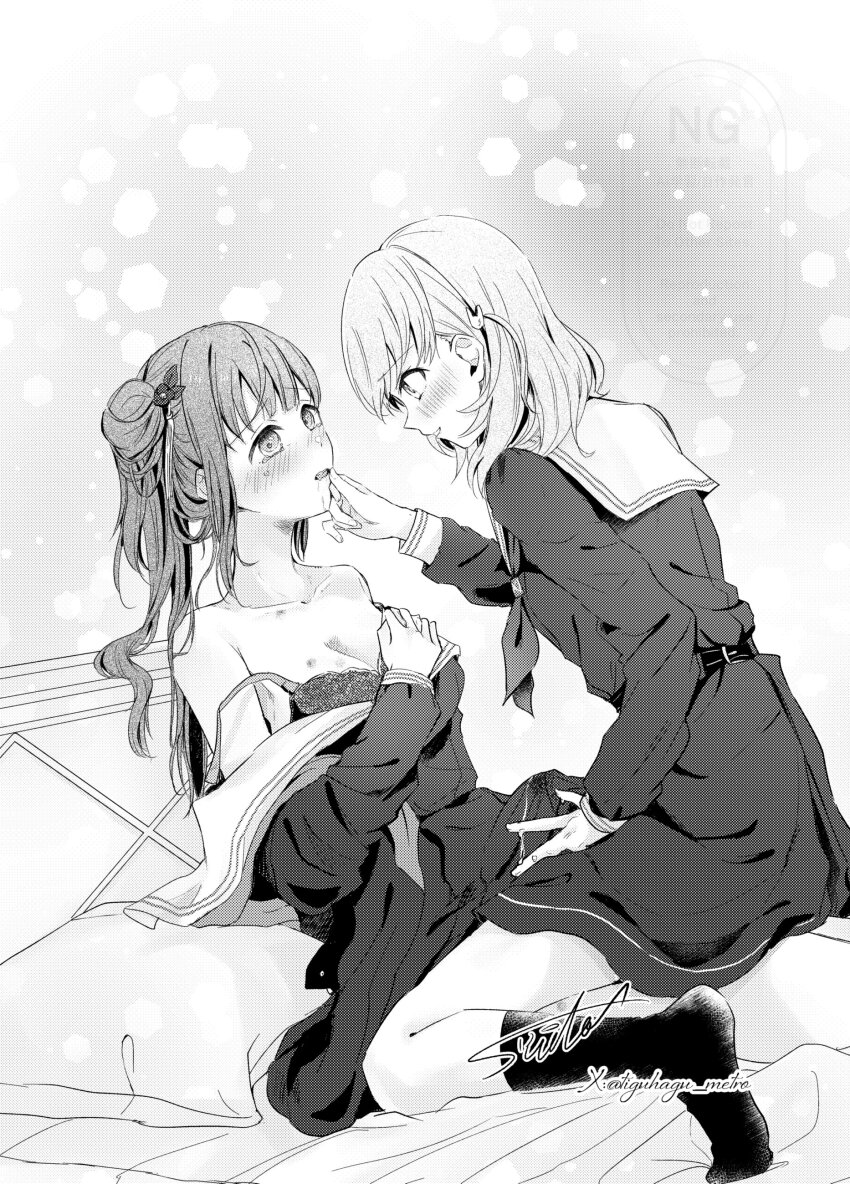 1futa 1girl absurdres bra breasts bulge cerise_bouquet cleavage clothes_pull commentary_request crossed_bangs cum cum_in_clothes cum_through_clothes double_strap_slip dress dress_pull drooling erection erection_under_clothes flower futa_with_female futanari greyscale hair_bun hair_flower hair_ornament hasu_no_sora_school_uniform highres hinoshita_kaho implied_futanari large_breasts link!_like!_love_live! long_hair long_sleeves looking_at_another love_live! medium_dress medium_hair monochrome neckerchief on_bed otomune_kozue pleated_dress profile rabbit_hair_ornament sailor_collar sailor_dress saliva school_uniform side_ponytail sidelocks signature single_side_bun small_breasts suito tassel tassel_hair_ornament twitter_username two_side_up underwear virtual_youtuber winter_uniform yuri
