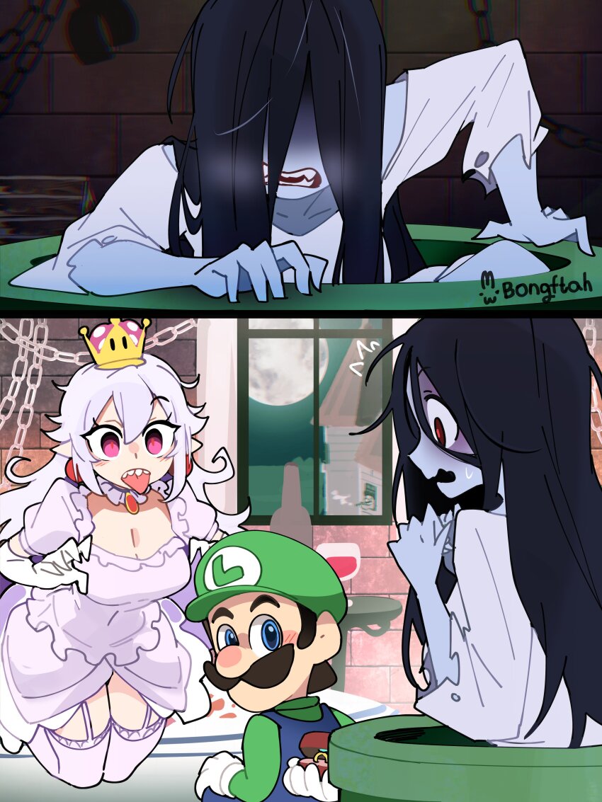 1boy 2girls :p absurdres black_hair blue_eyes blue_skin bongftah breasts cleavage colored_skin commentary crossover dress elbow_gloves facial_hair flying gloves green_hat hat highres jewelry large_breasts long_hair looking_at_another luigi luigi&#039;s_mansion mario_(series) multiple_girls mustache nintendo princess_king_boo red_eyes ring sharp_teeth super_crown symbol-only_commentary teeth the_ring tongue tongue_out white_dress white_gloves white_hair window yamamura_sadako
