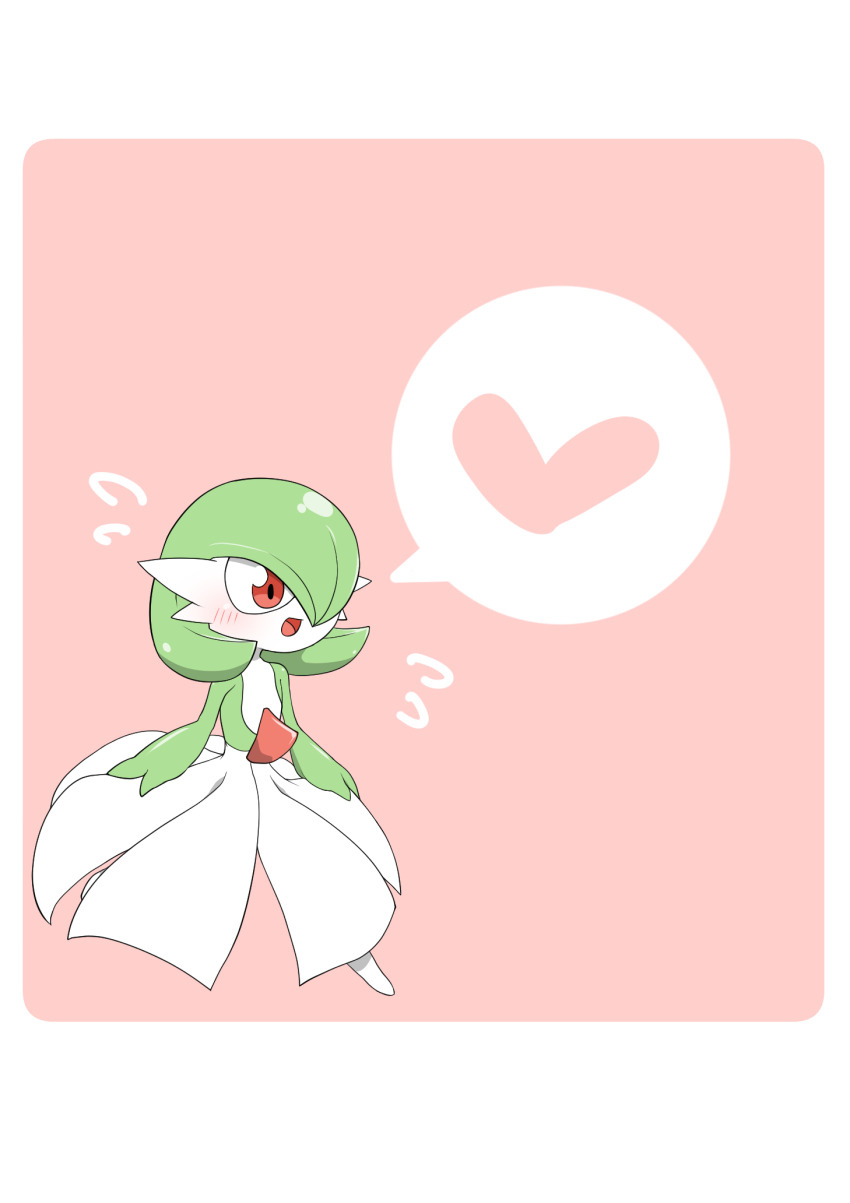 1girl blush bob_cut border chibi colored_skin female_focus flat_chest flying_sweatdrops full_body gardevoir gen_3_pokemon green_hair green_skin hair_over_one_eye happy heart kazamidoririnn multicolored_skin nintendo one_eye_covered open_mouth pink_background pokemon pokemon_(creature) red_eyes running short_hair simple_background smile solo speech_bubble spoken_heart standing standing_on_one_leg two-tone_skin white_border white_skin