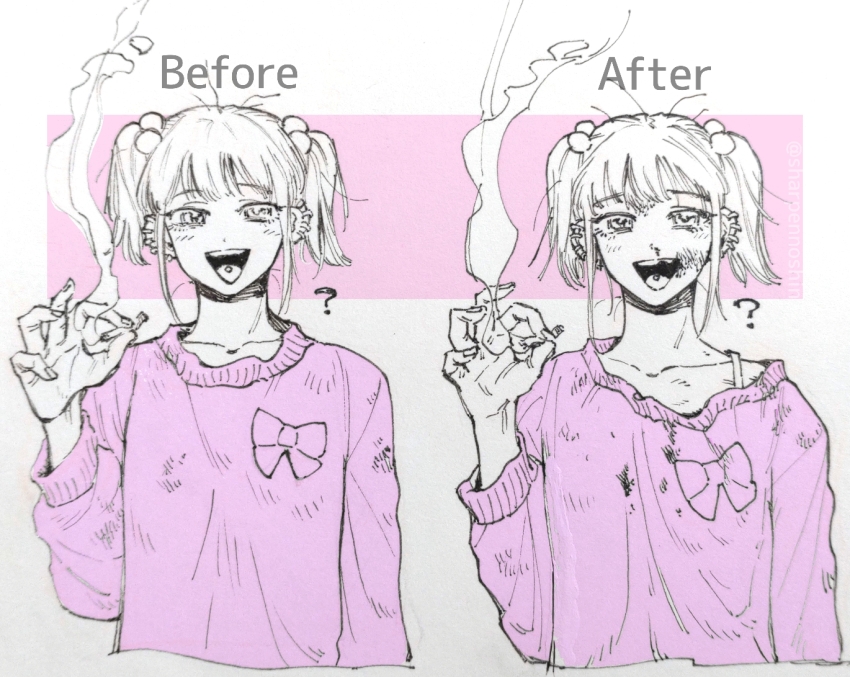 1girl before_and_after blood blush bra_strap bruise bruise_on_face chanel_(jimoto_saikou) chipped_tooth cigarette commentary_request cropped_torso dirty dirty_clothes ear_piercing english_text hair_bobbles hair_ornament half-closed_eyes hand_up holding holding_cigarette injury jimoto_saikou kirinsuke looking_at_viewer messy_hair multiple_views nosebleed off_shoulder open_mouth partially_colored piercing pink_sweater short_hair short_twintails smile smoke sweater tongue_piercing twintails upper_body