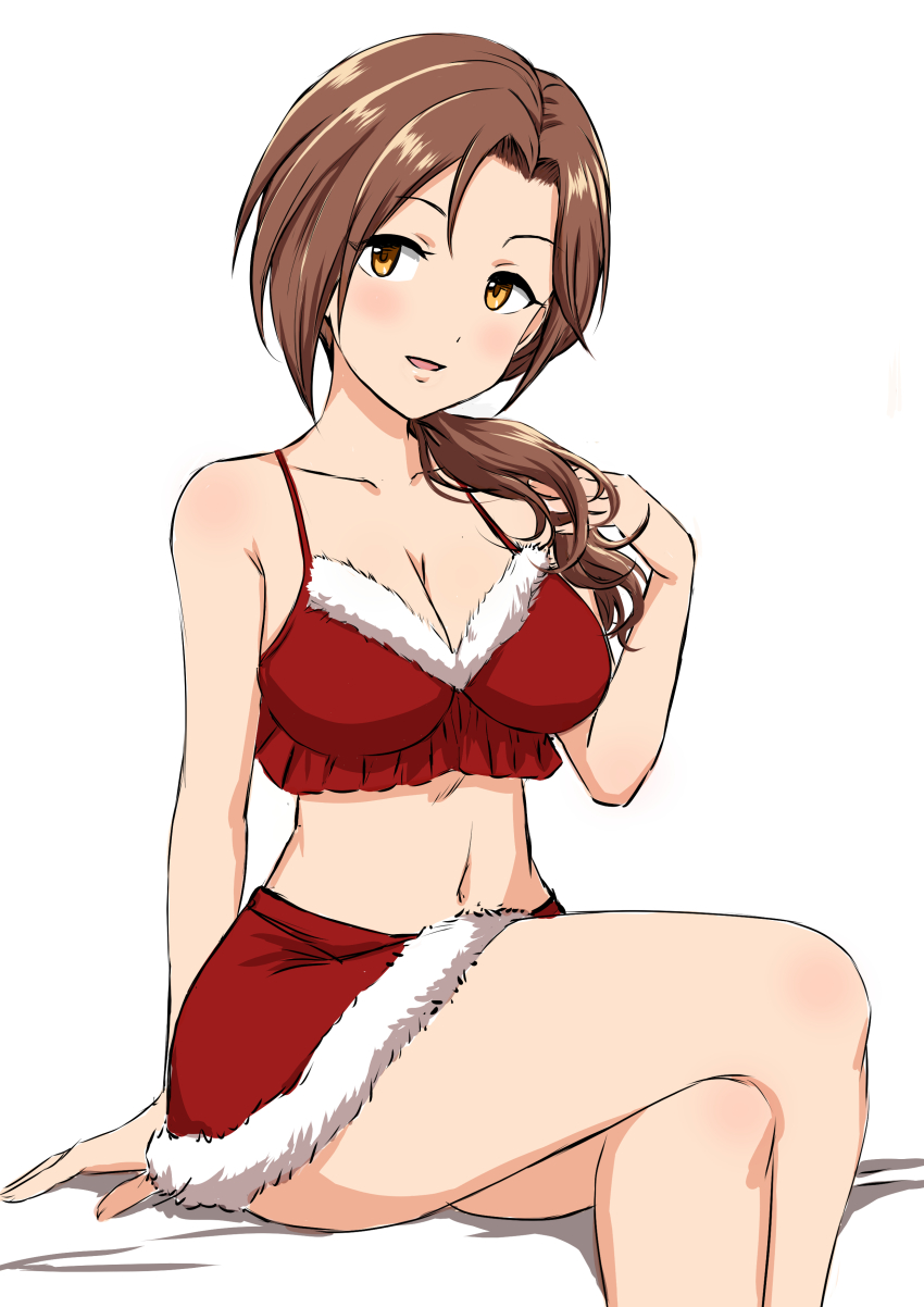 1girl absurdres bed box_wonderland breasts brown_hair christmas crossed_legs hand_on_own_shoulder highres idolmaster idolmaster_cinderella_girls kawashima_mizuki navel ponytail simple_background sitting skirt white_background yellow_eyes