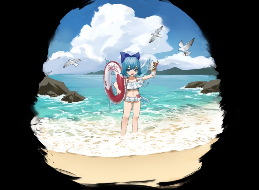 1girl :d argyle_bikini argyle_clothes bare_shoulders beach bikini bikini_skirt bird black_background blue_bikini blue_bow blue_eyes blue_hair blue_sky border bow cirno cloud day fading_border food full_body hair_bow holding holding_food holding_ice_cream holding_swim_ring ice ice_cream ice_wings innertube looking_at_viewer mountainous_horizon multicolored_bikini navel ocean open_mouth outdoors rock sand seagull short_hair sky smile solo standing swim_ring swimsuit touhou two-tone_bikini wading white_bikini wings zhong-yan_(2669)