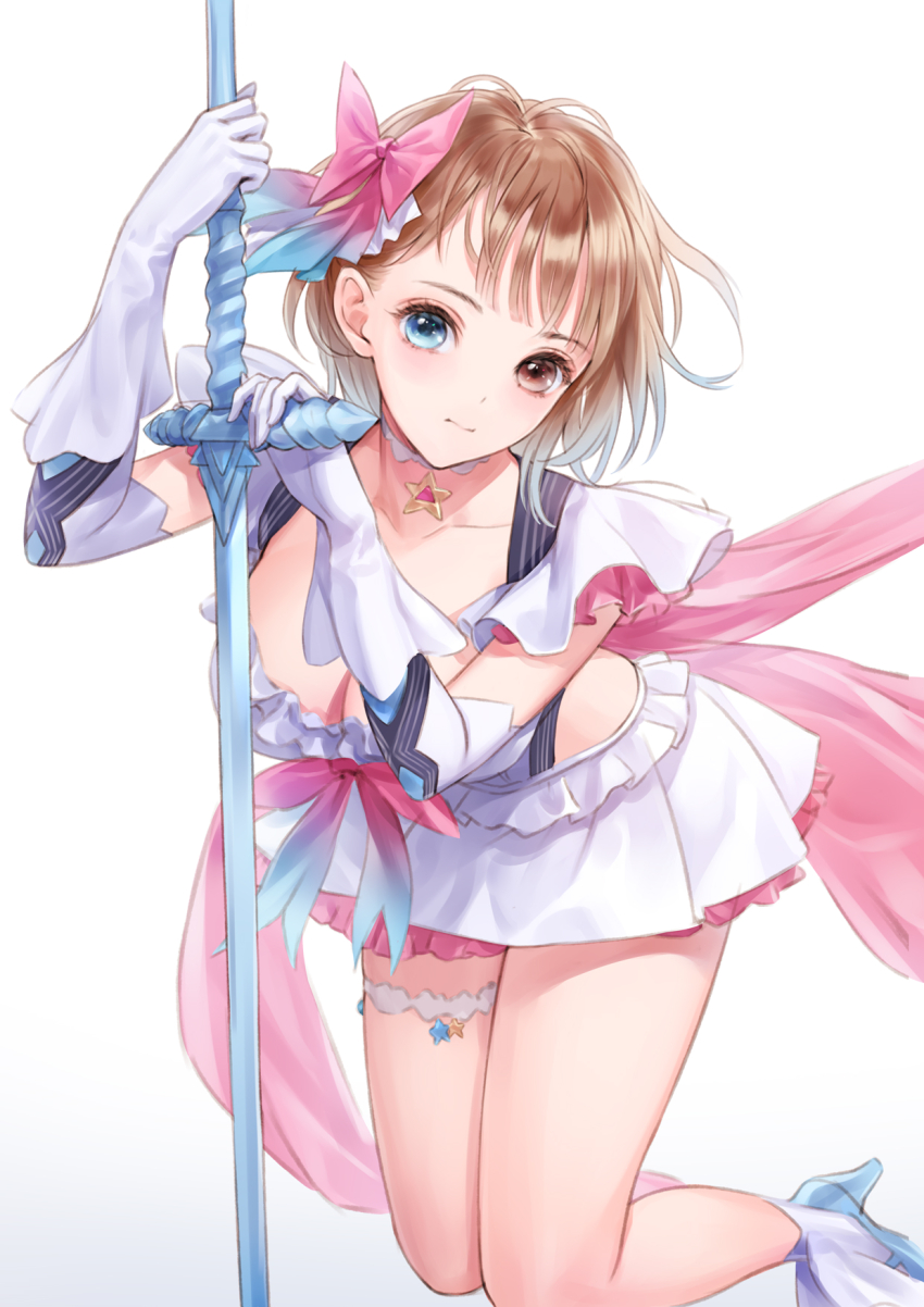 1girl antenna_hair blue_eyes blue_reflection_(series) blue_reflection_maboroshi_ni_mau_shoujo_no_ken blush bow breasts brown_eyes brown_hair choker gloves gradient_hair grey_hair hair_bow heterochromia high_heels highres holding holding_sword holding_weapon large_breasts long_hair minato_asuka multicolored_hair sash shirai_hinako skirt solo sword thigh_strap weapon