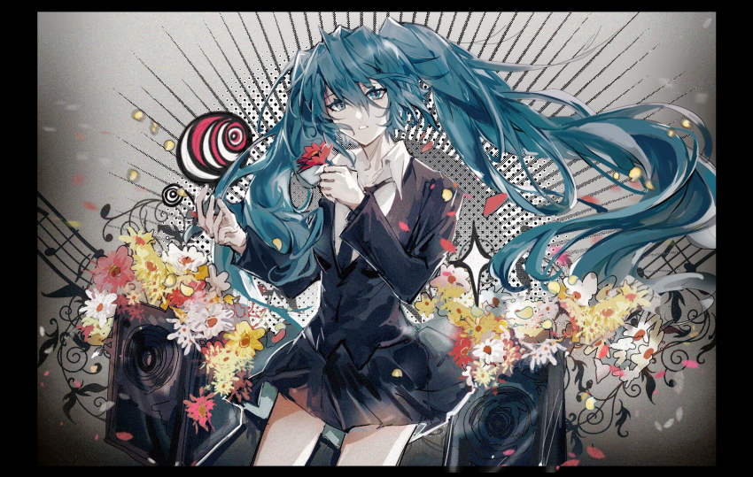 1girl black_necktie black_skirt blue_eyes falling_petals flower hatsune_miku hatsune_miku_(saihate) highres holding holding_flower letterball long_hair musical_note musical_staff necktie petals red_flower shirt skirt solo speaker twintails very_long_hair vocaloid white_flower white_shirt yellow_flower
