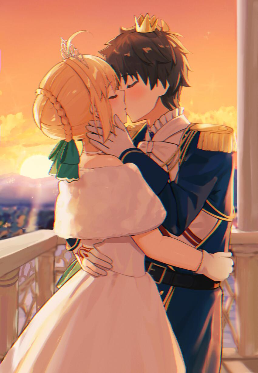 1boy 1girl absurdres ahoge artist_request artoria_pendragon_(fate) black_hair blonde_hair chromatic_aberration closed_eyes command_spell couple crown dress fate/grand_order fate/stay_night fate_(series) fujimaru_ritsuka_(male) fujimaru_ritsuka_(male)_(halloween_royalty) hair_bun heavy_chromatic_aberration highres kiss saber_(fate) second-party_source short_hair sunset tagme white_dress